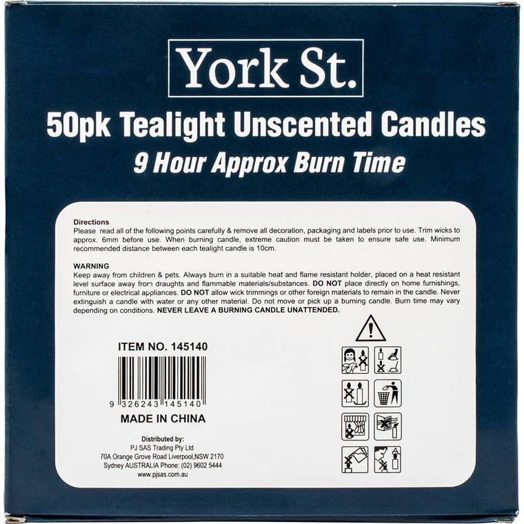 York St Tealight, Unscented, 9 Hour, 50pk