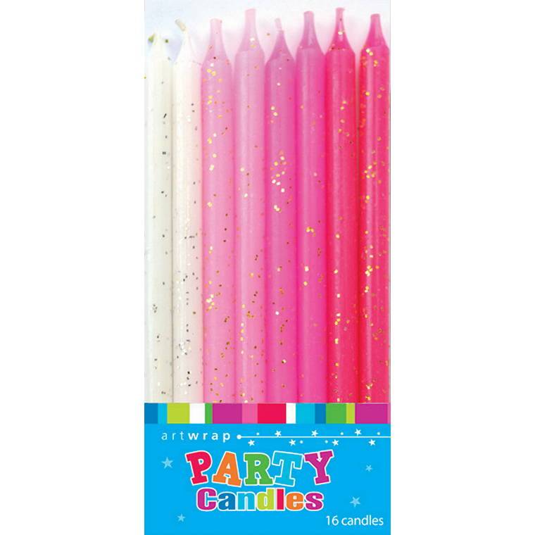 Candle 16Pk 12Cm Glitter Pinks