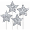 Cake Toper 4Pk Glitter Stars Silver