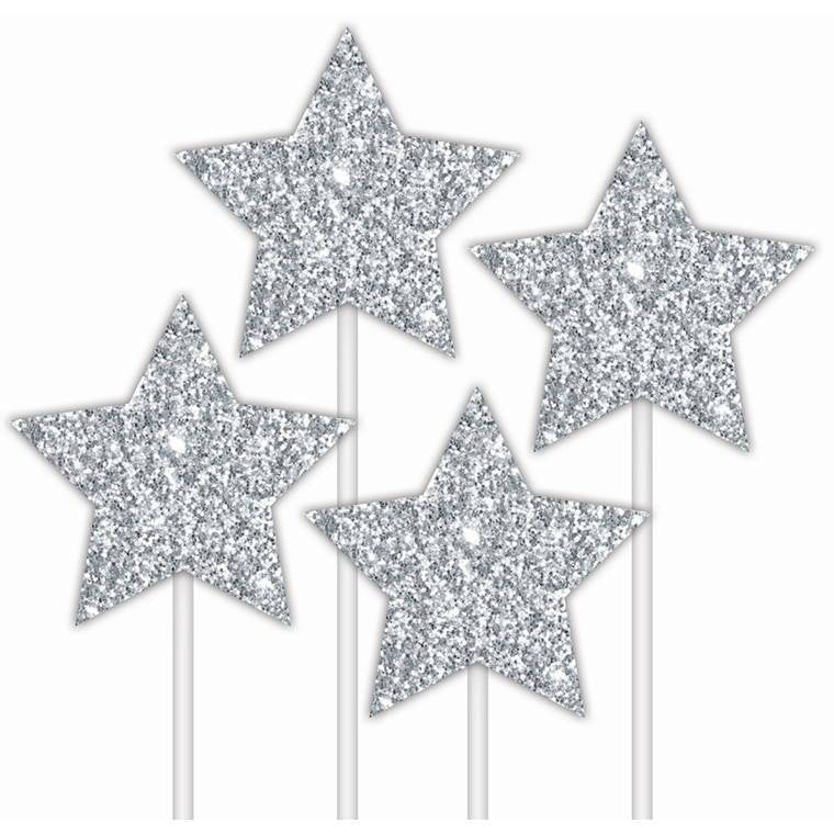 Cake Toper 4Pk Glitter Stars Silver