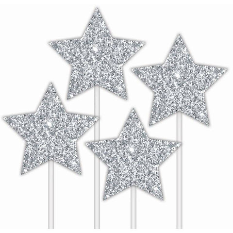 Cake Toper 4Pk Glitter Stars Silver