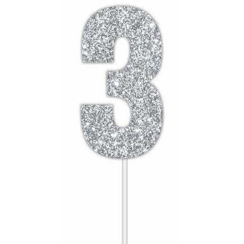 Cake Toper Number Glitter Silver 3