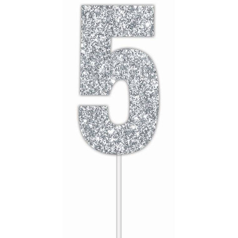 Cake Toper Number Glitter Silver 5