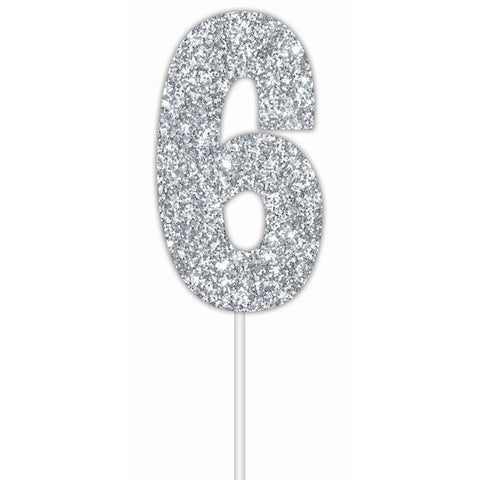 Cake Toper Number Glitter Silver 6