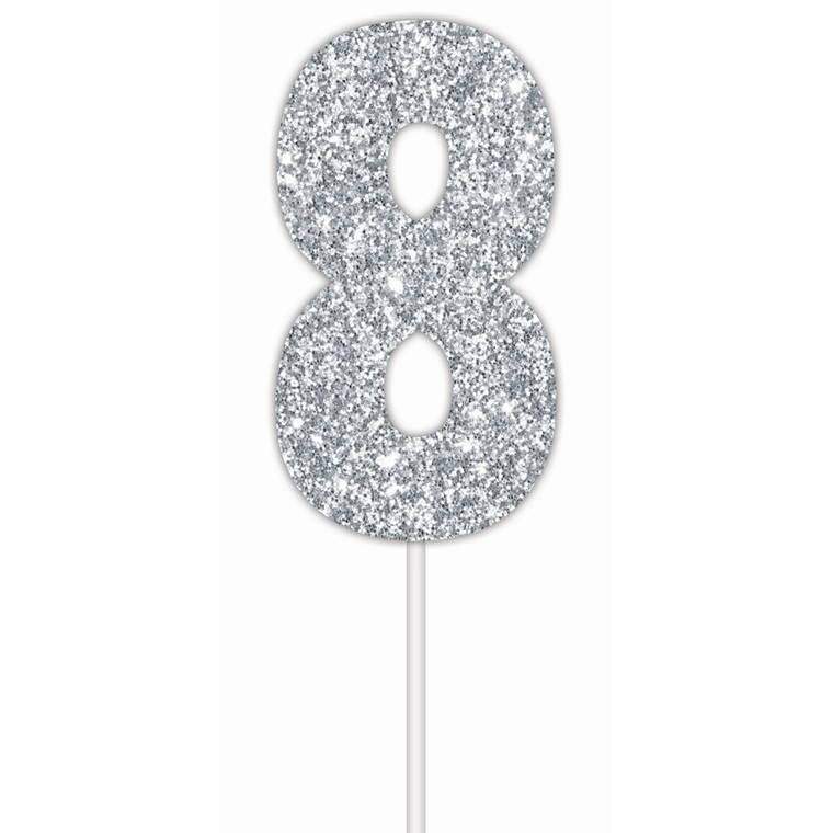 Cake Toper Number Glitter Silver 8