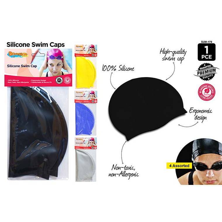 Silicone Swim Cap, 4 Assorted